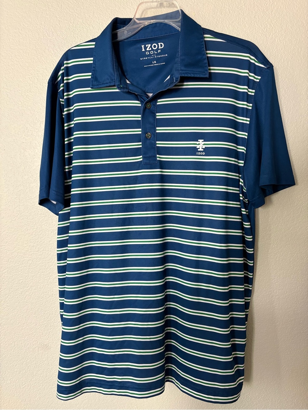 Izod Navy Blue Striped Golf Polo with White and Green Lines sz Large